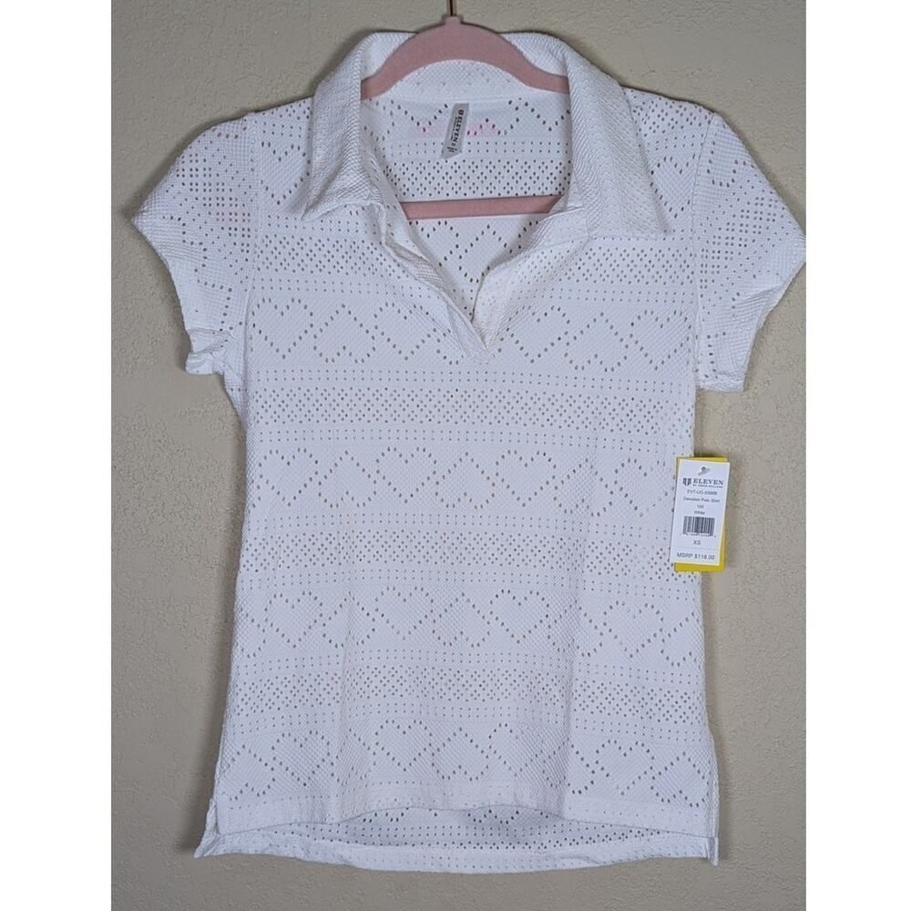 EleVen by Venus Williams Devotion Polo Shirt White Heart Eyelet Country Club XS